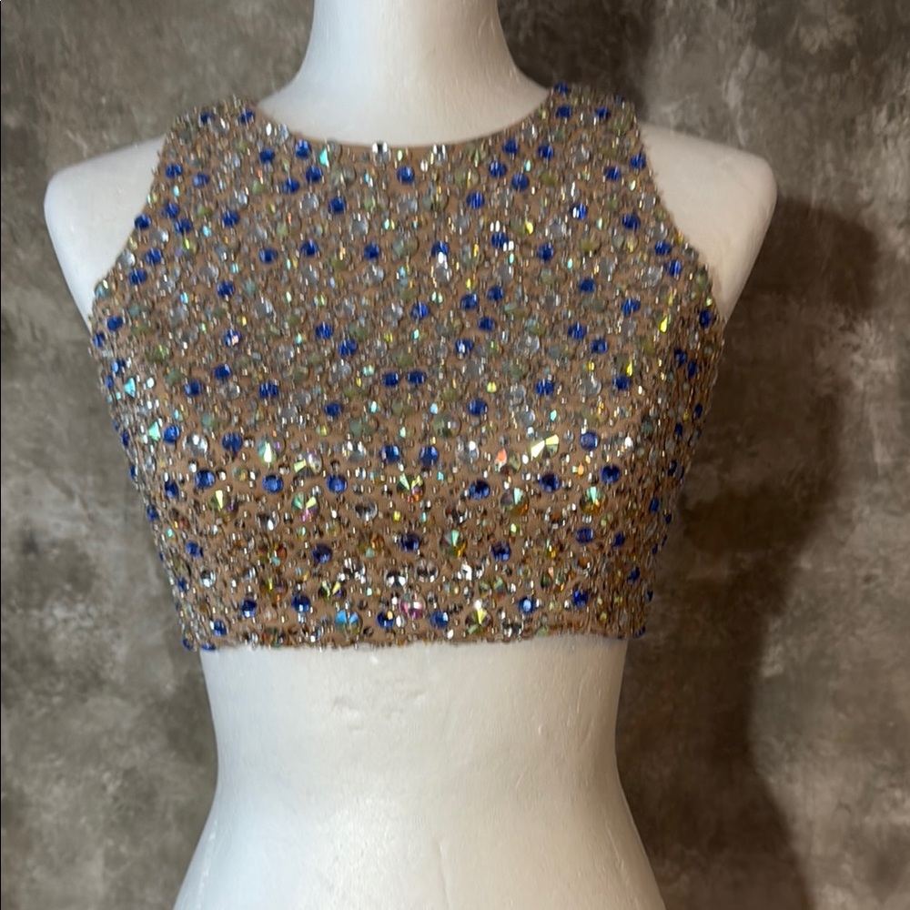Embellished Crop Top with Blue and Gold Accents (Love 10)
